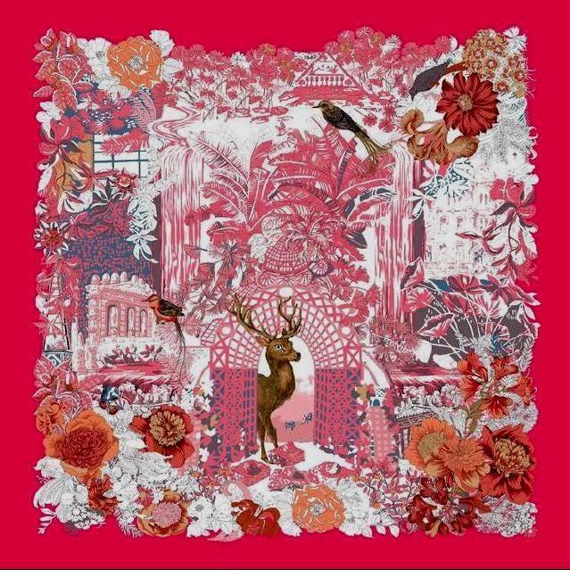 53x53 cm Premium Mulberry Silk Scarf | Enchanted Garden & Deer | Luxury Square Scarf | Women's Neckerchief - Scarves4you