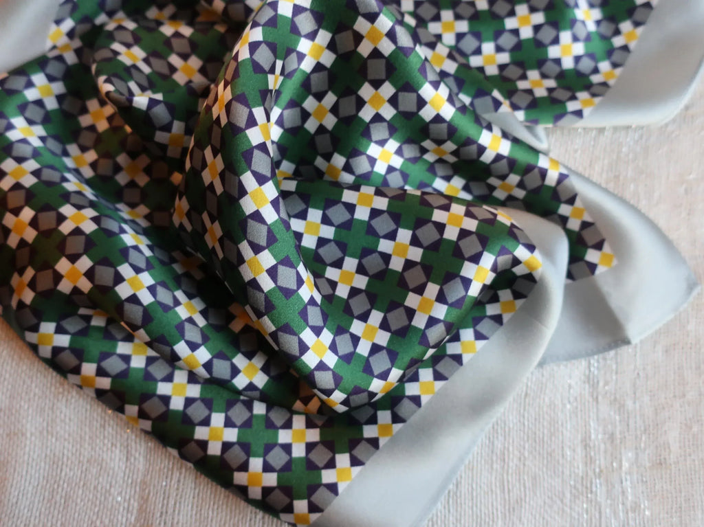 Silk Square Scarf 53×53 cm – Green Yellow Gray Geometric Print | Modern Design - Scarves4you