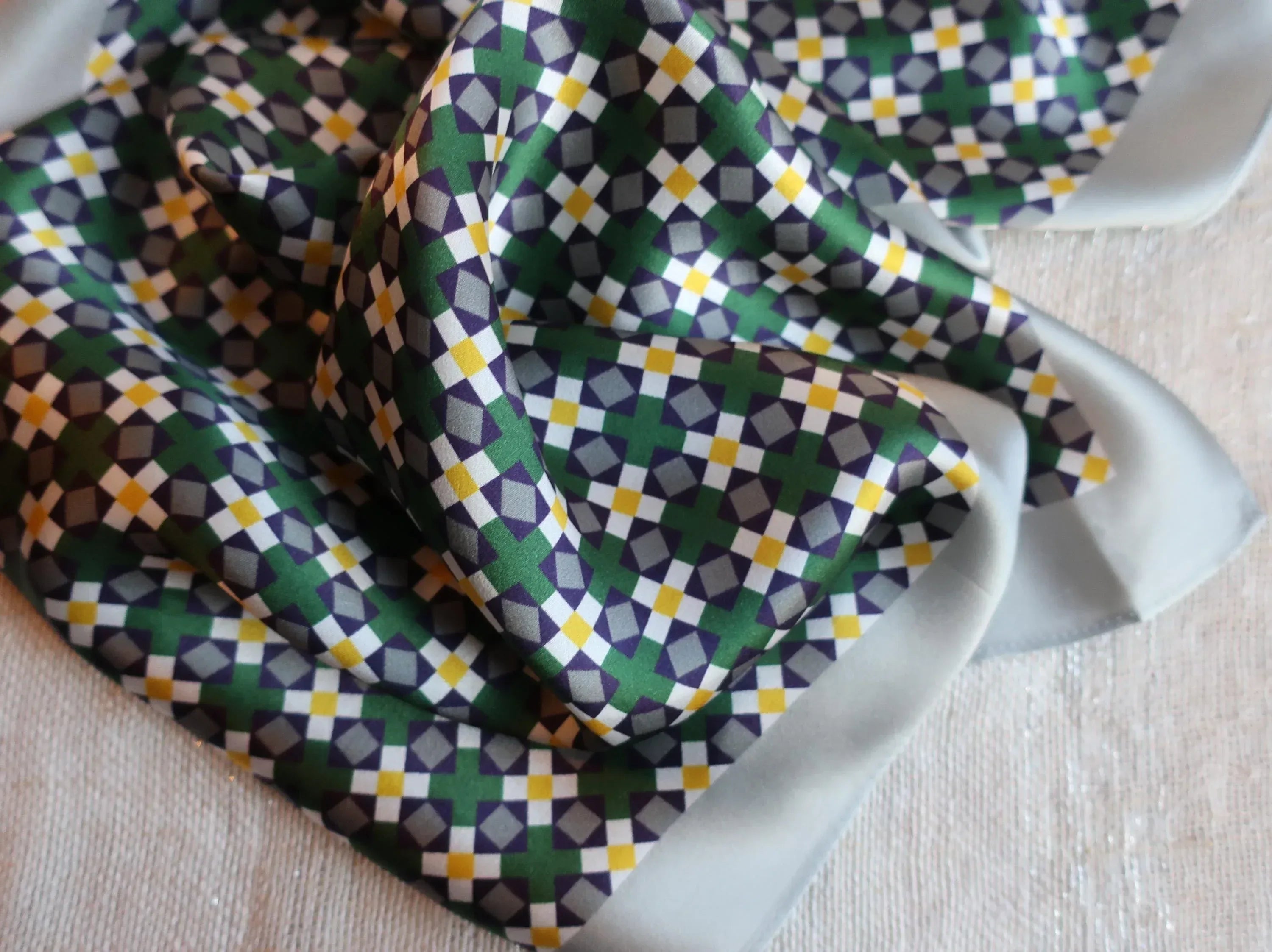 Silk Square Scarf 53×53 cm – Green Yellow Gray Geometric Print | Modern Design - Scarves4you
