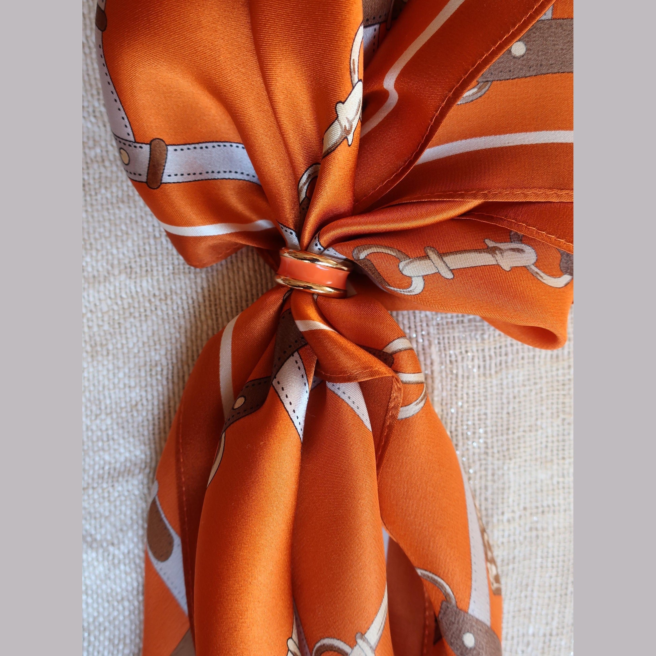 Silk Square Scarf 90×90 cm – Orange Equestrian Print | Belt & Chain Pattern - Scarves4you