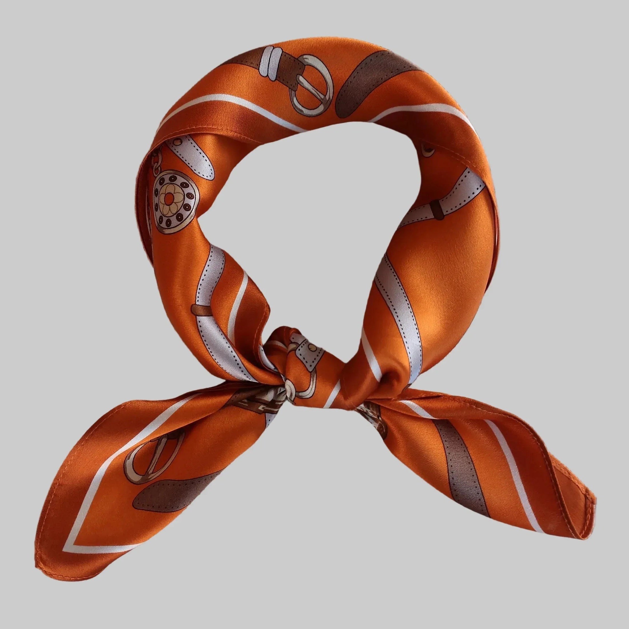 Silk Square Scarf 90×90 cm – Orange Equestrian Print | Belt & Chain Pattern - Scarves4you