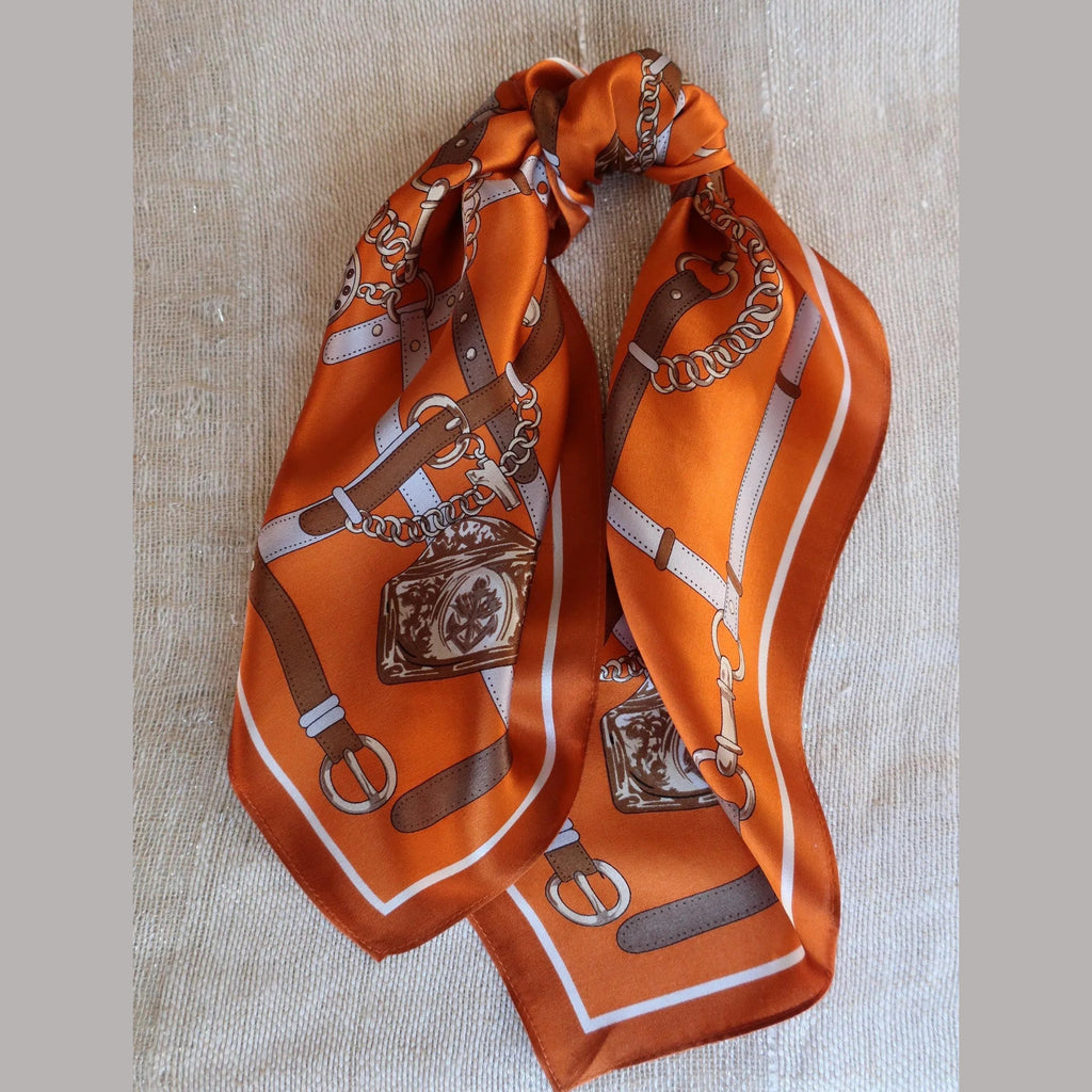 Silk Square Scarf 90×90 cm – Orange Equestrian Print | Belt & Chain Pattern - Scarves4you