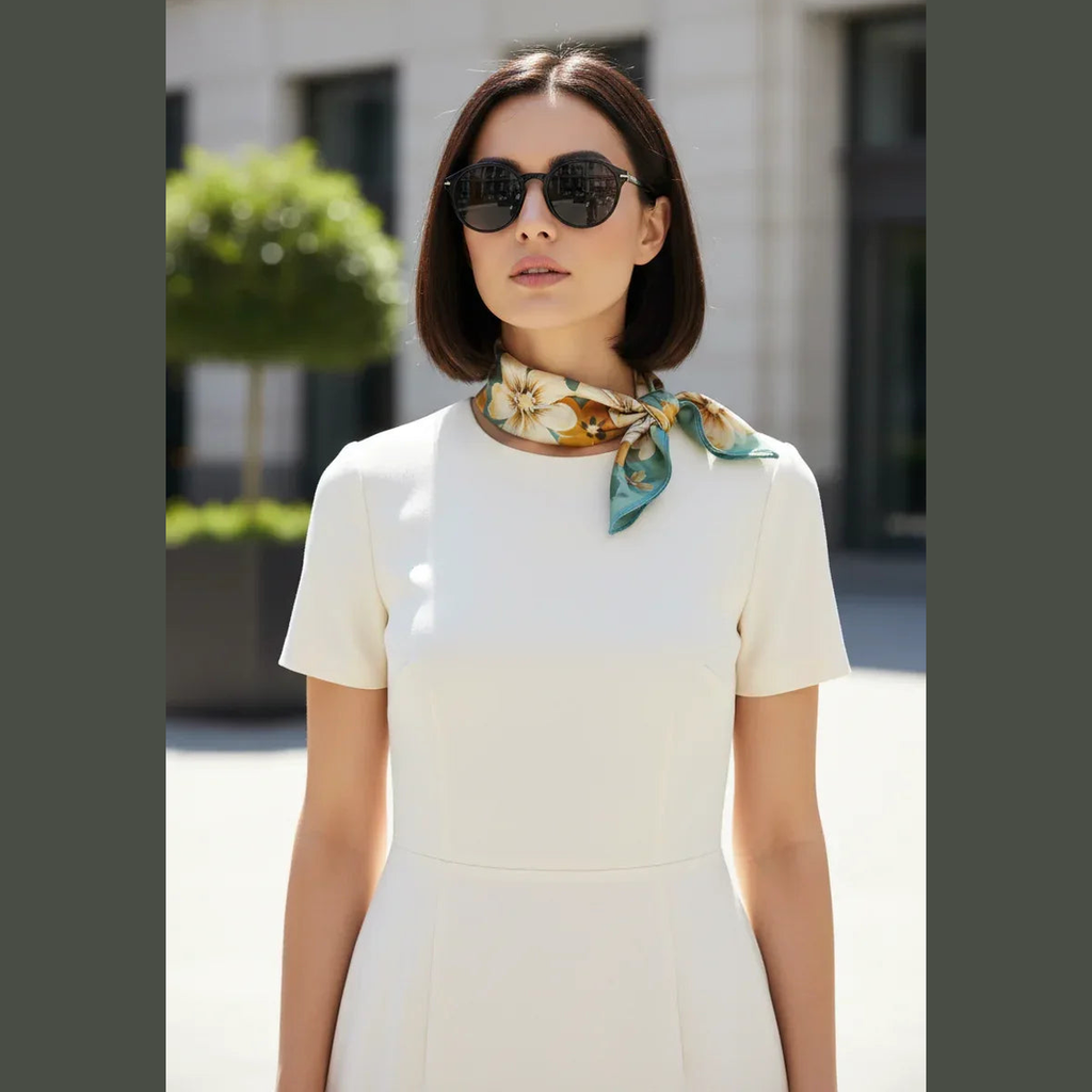Green Floral Silk Scarf 53x53cm - Elegant Square Neckerchief for Women - Scarves4you