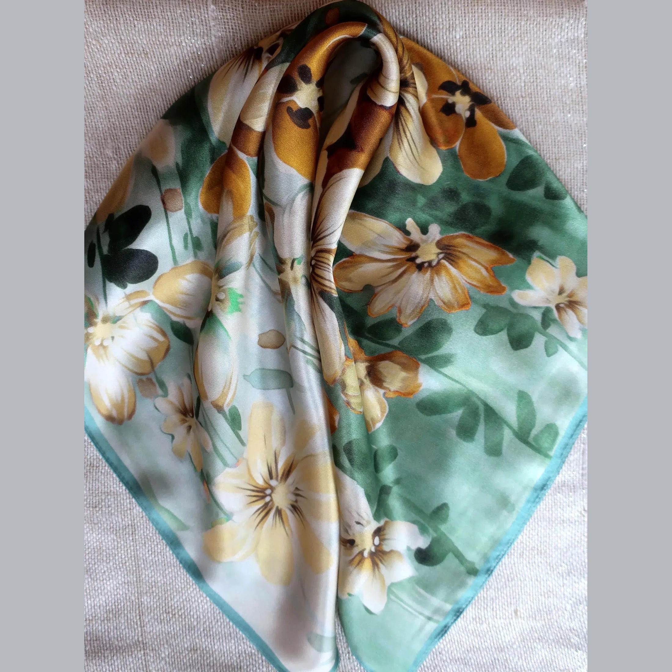 Green Floral Silk Scarf 53x53cm - Elegant Square Neckerchief for Women - Scarves4you