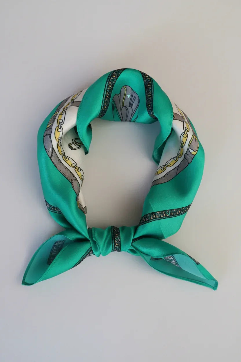 Silk Square Scarf 53×53 cm – Geometric Print in Green | Versatile Bandana - Scarves4you