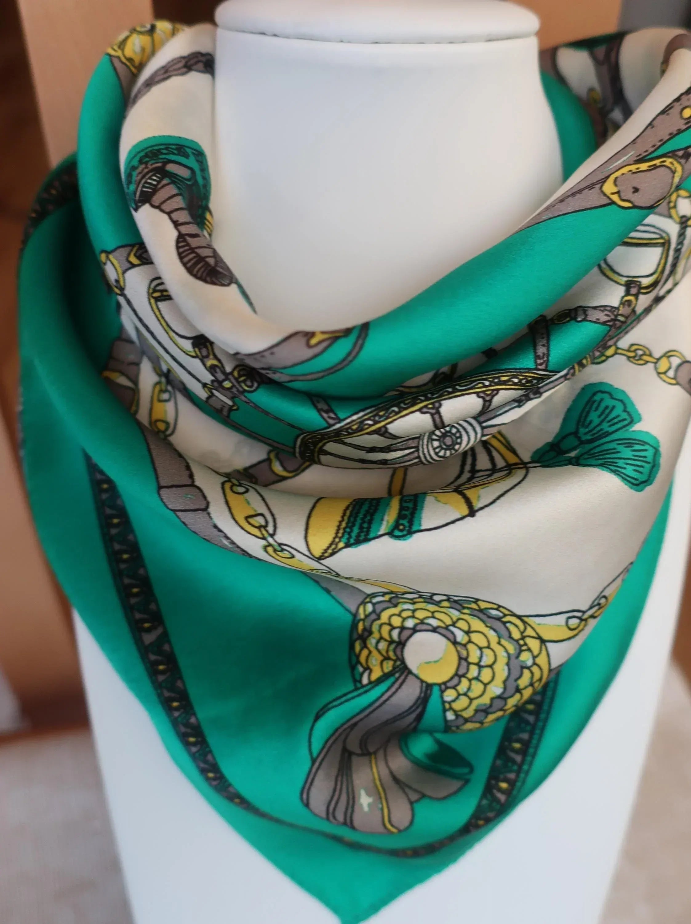 Silk Square Scarf 53×53 cm – Geometric Print in Green | Versatile Bandana - Scarves4you