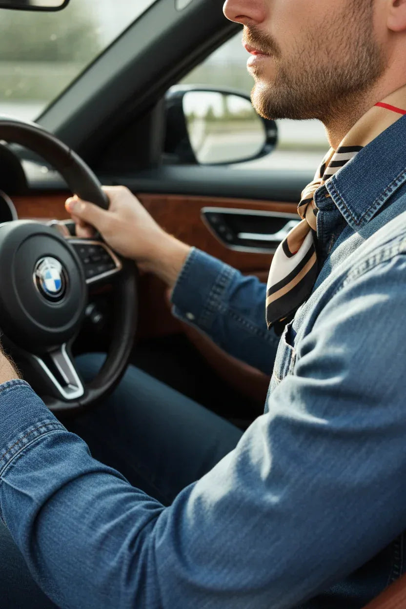 Natural Mulberry Silk Square Scarf - Beige Black Red Stripe Pattern 53x53cm - Scarves4you
