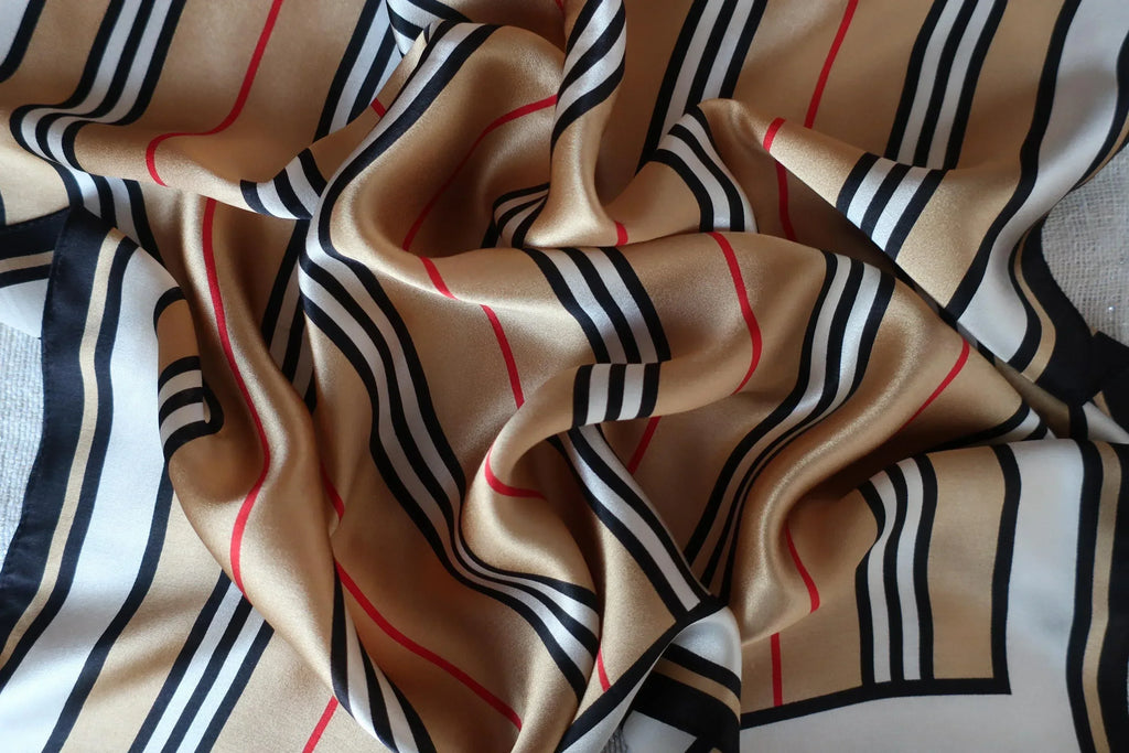 Natural Mulberry Silk Square Scarf - Beige Black Red Stripe Pattern 53x53cm - Scarves4you