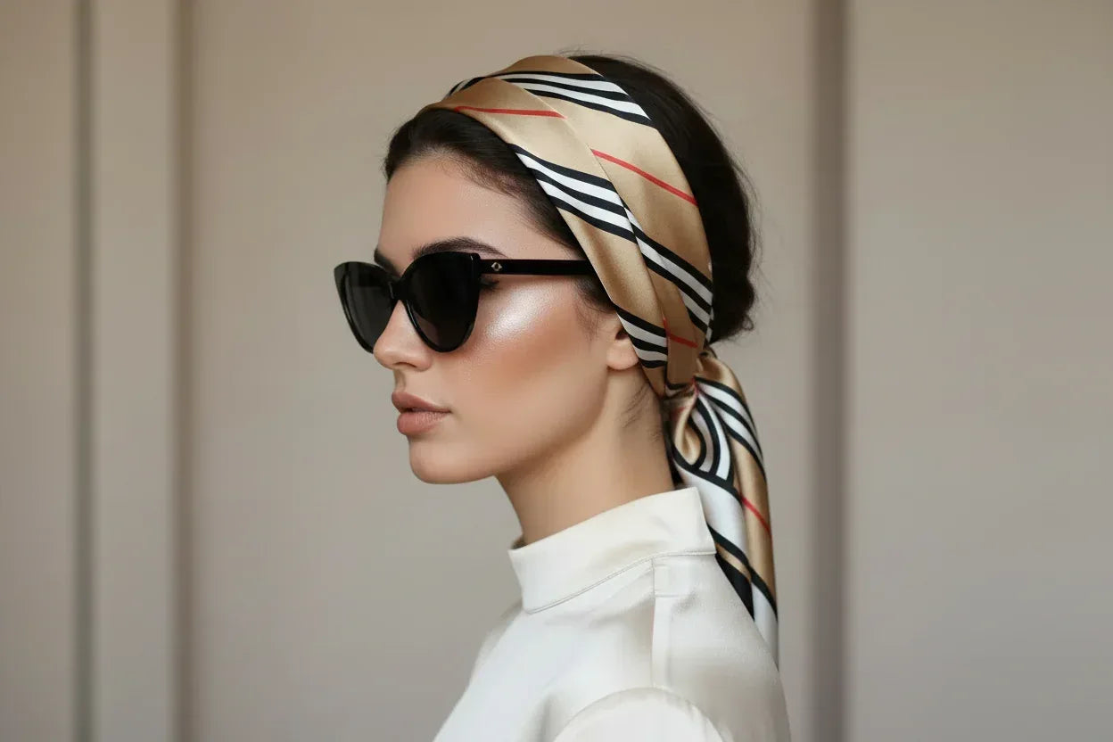 Natural Mulberry Silk Square Scarf - Beige Black Red Stripe Pattern 53x53cm - Scarves4you