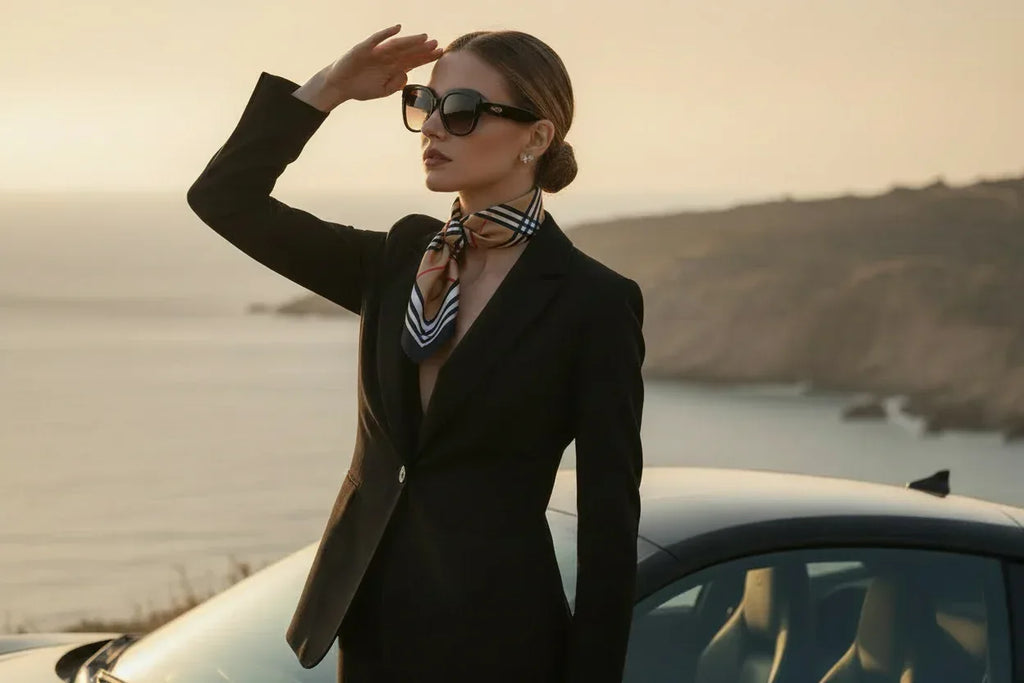 Natural Mulberry Silk Square Scarf - Beige Black Red Stripe Pattern 53x53cm - Scarves4you