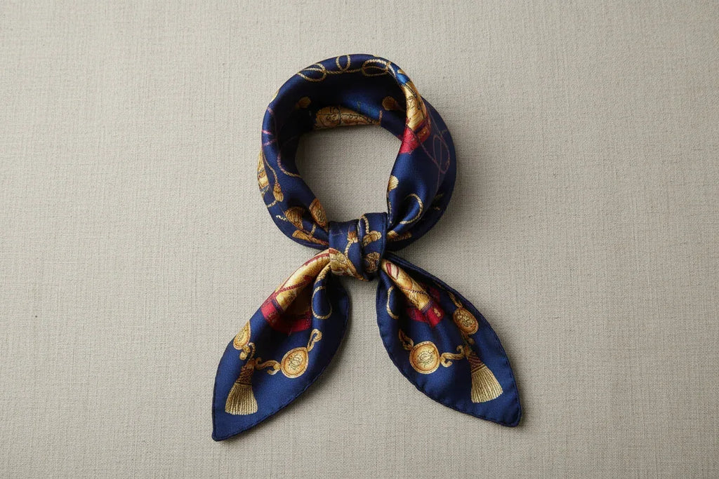 Natural Mulberry Silk Square Scarf - Dark Blue Gold Pattern 53x53cm - Scarves4you