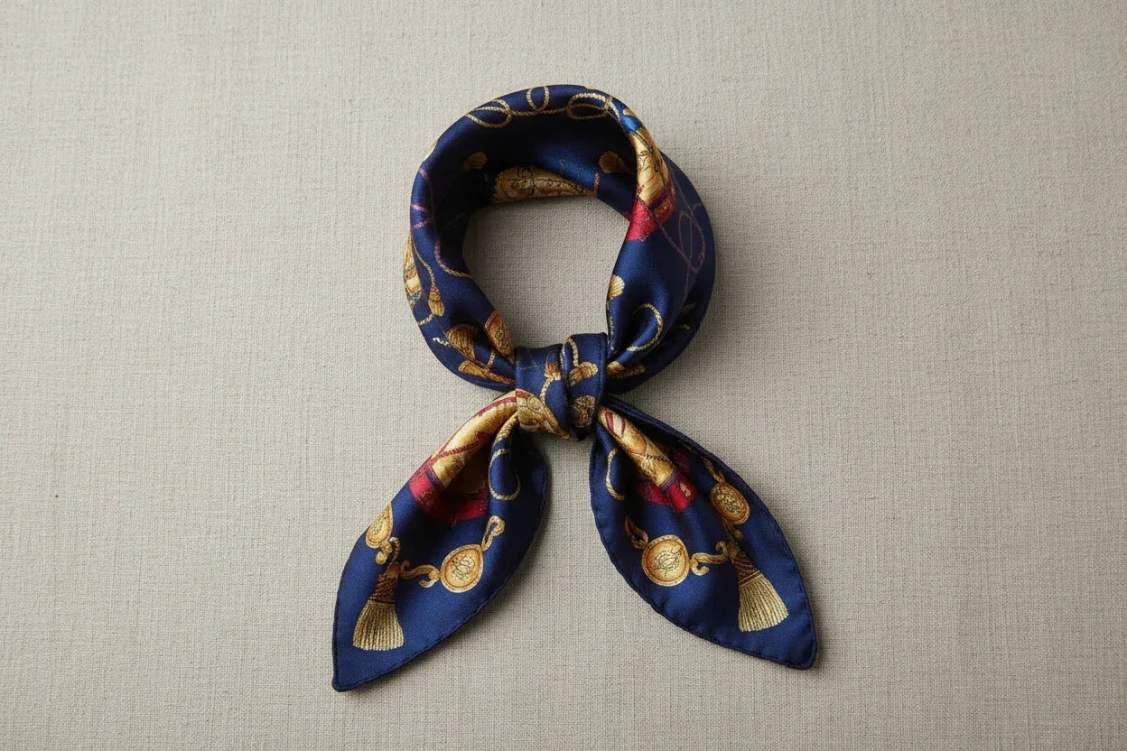 Natural Mulberry Silk Square Scarf - Dark Blue Gold Pattern 53x53cm - Scarves4you