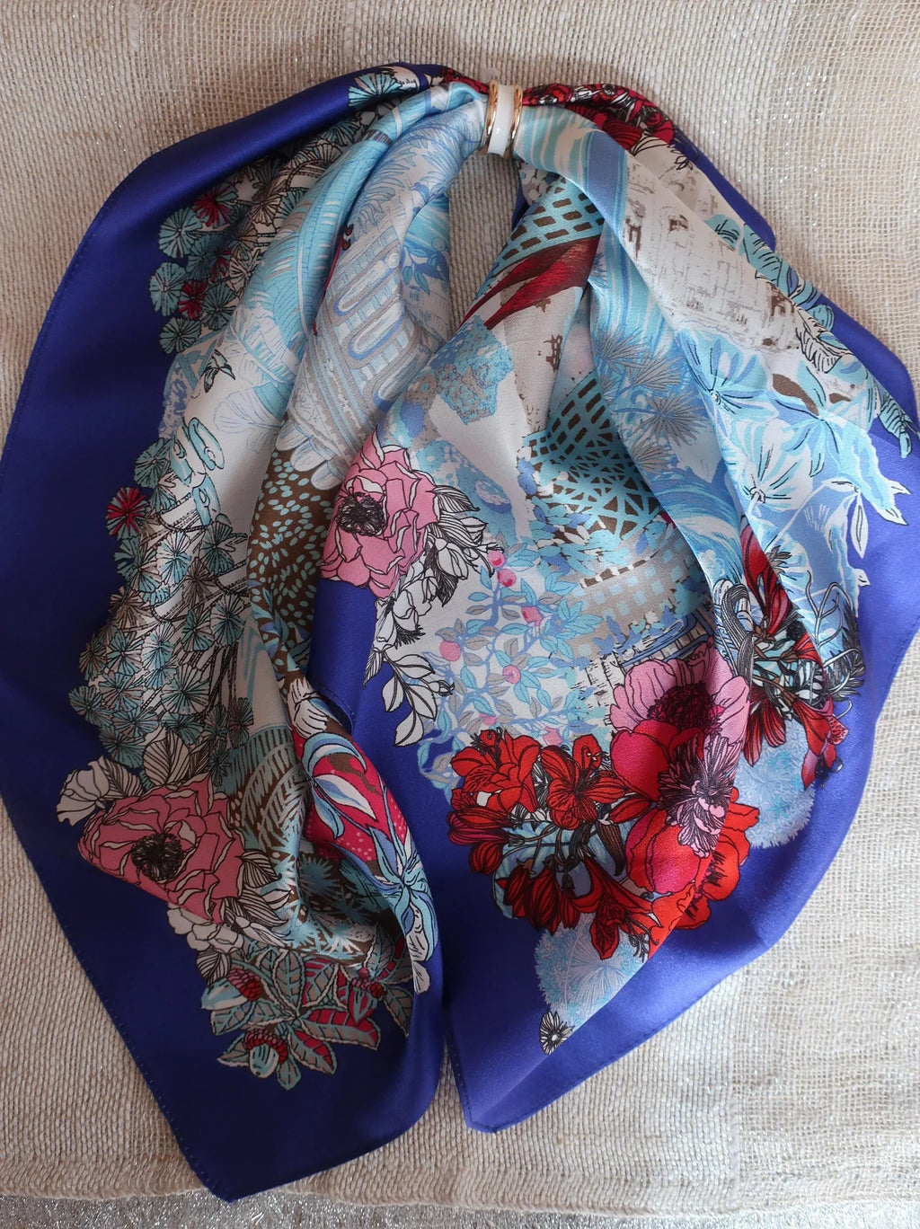 Silk Square Scarf – Floral Deer Print in Blue & Red | 53×53 cm - Scarves4you