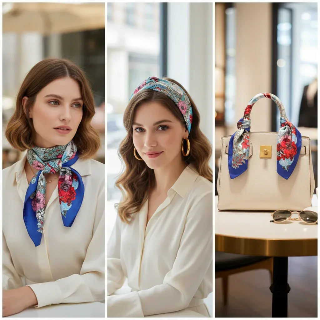 Silk Square Scarf – Floral Deer Print in Blue & Red | 53×53 cm - Scarves4you