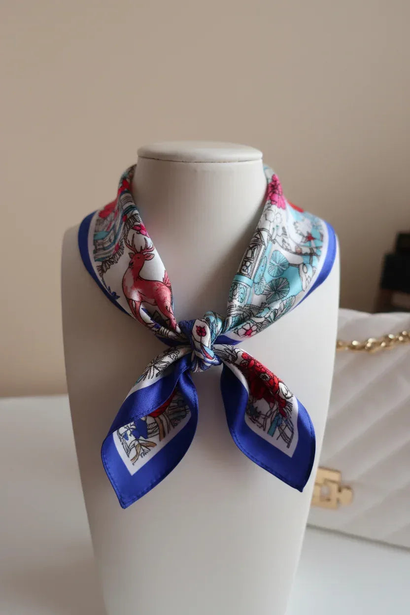 Silk Square Scarf – Floral Deer Print in Blue & Red | 53×53 cm - Scarves4you