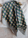 Silk Square Scarf 53×53 cm – Green Yellow Gray Geometric Print | Modern Design - Scarves4you
