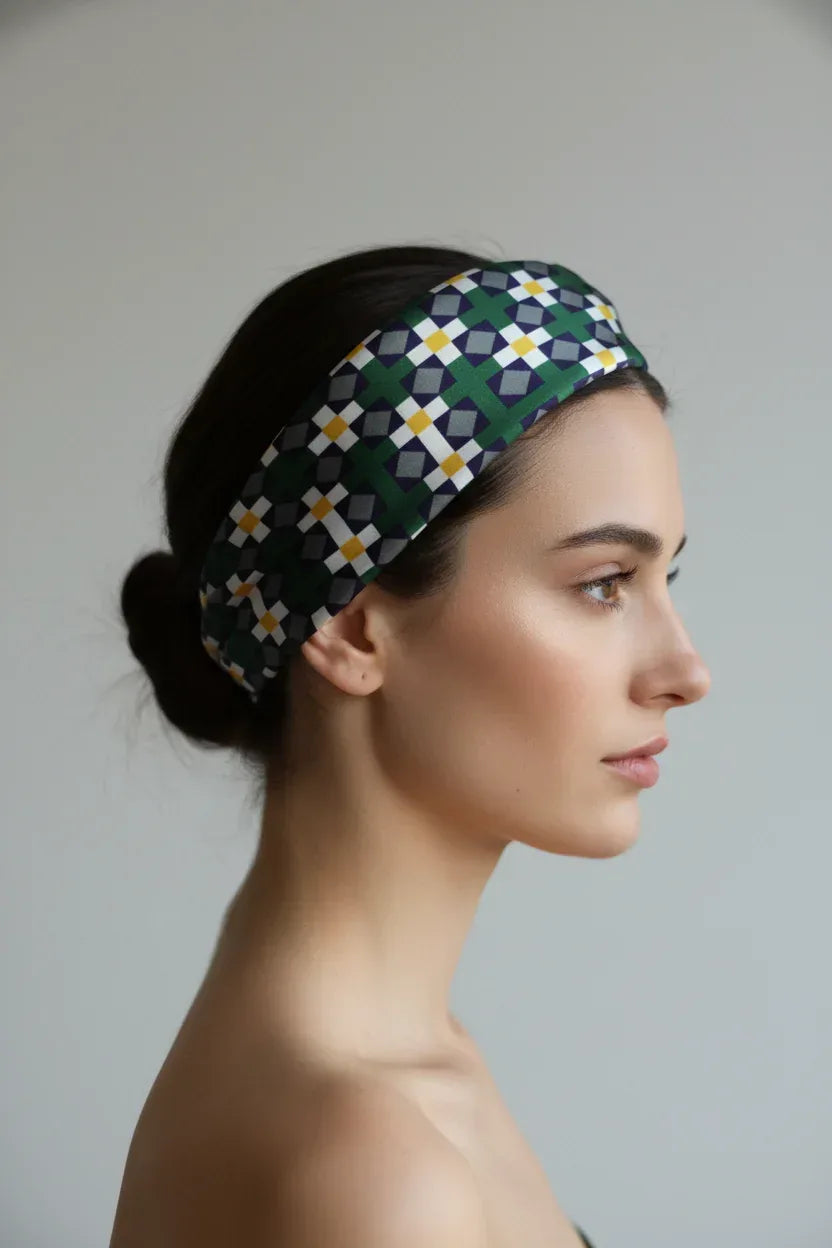 Silk Square Scarf 53×53 cm – Green Yellow Gray Geometric Print | Modern Design - Scarves4you
