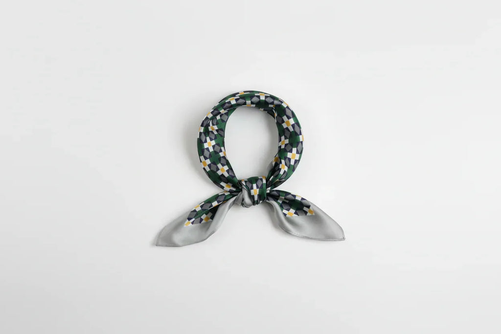Silk Square Scarf 53×53 cm – Green Yellow Gray Geometric Print | Modern Design - Scarves4you