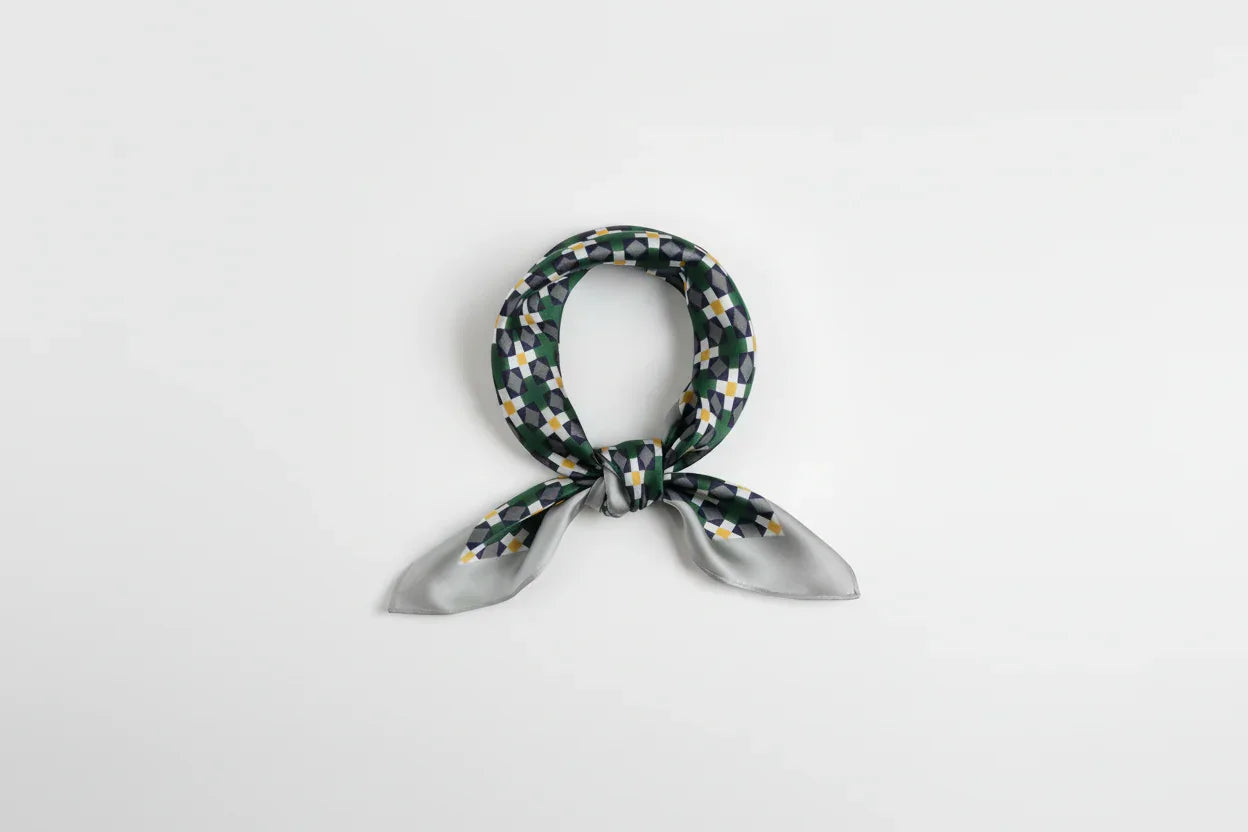 Silk Square Scarf 53×53 cm – Green Yellow Gray Geometric Print | Modern Design - Scarves4you