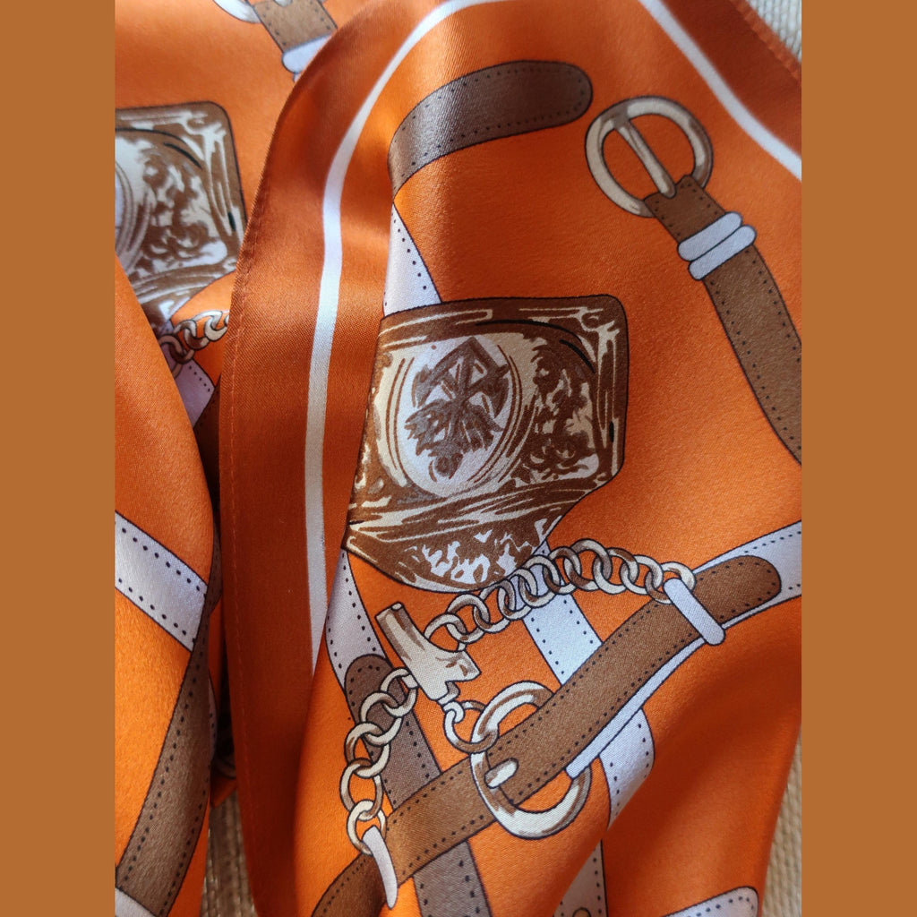 Silk Square Scarf 90×90 cm – Orange Equestrian Print | Belt & Chain Pattern - Scarves4you