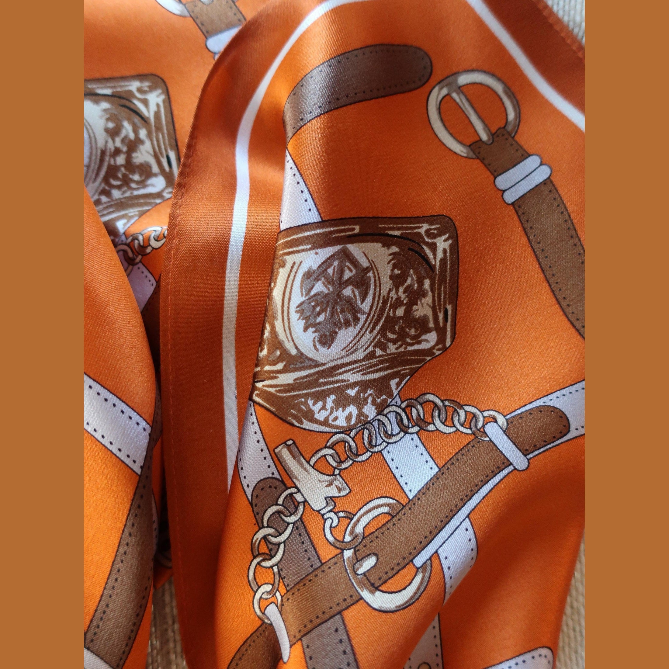 Silk Square Scarf 90×90 cm – Orange Equestrian Print | Belt & Chain Pattern - Scarves4you