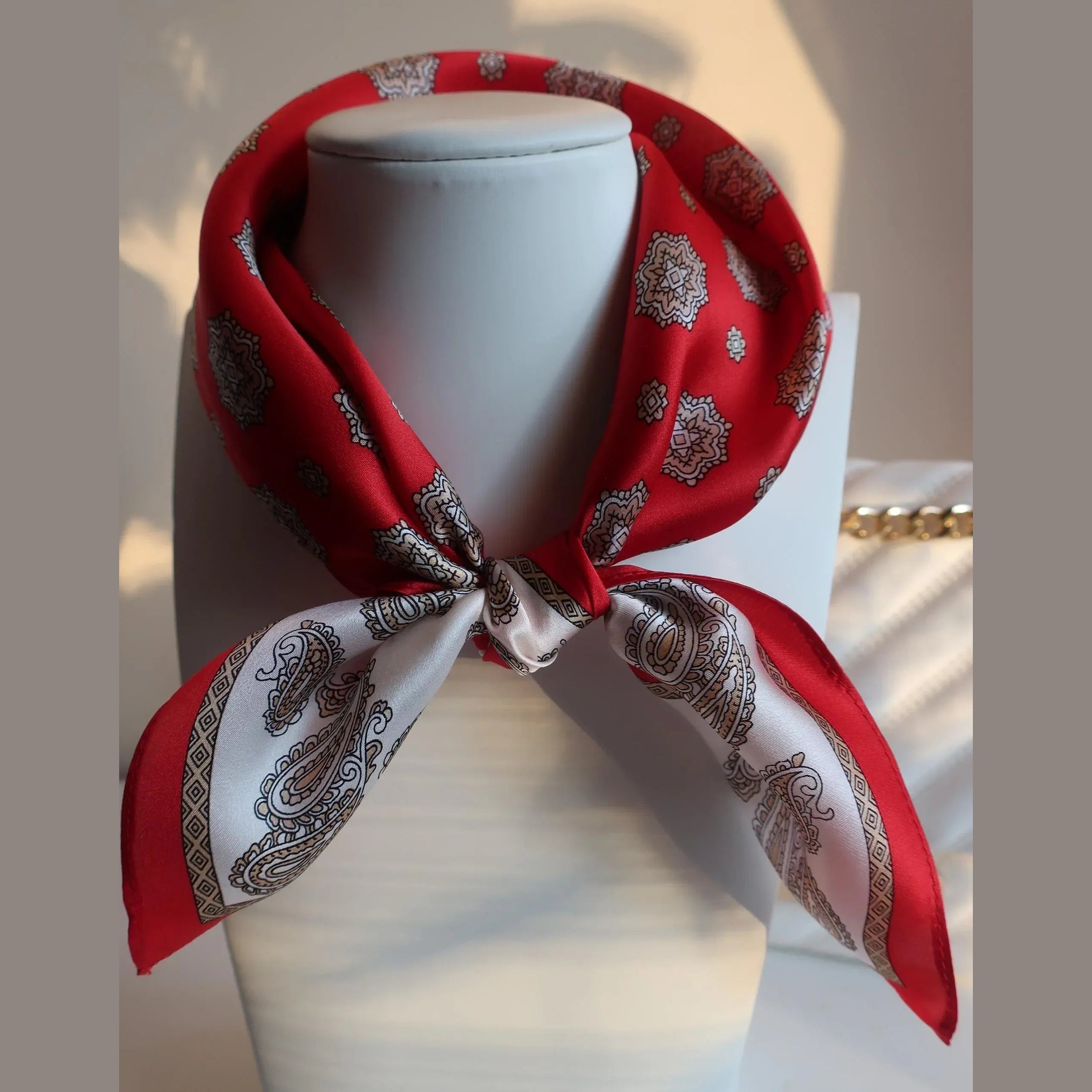 Silk Square Scarf 53×53 cm – Red Mandala & Paisley Print | Bohemian - Scarves4you