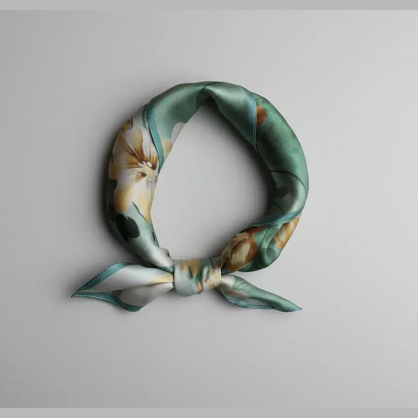 Green Floral Silk Scarf 53x53cm - Elegant Square Neckerchief for Women - Scarves4you