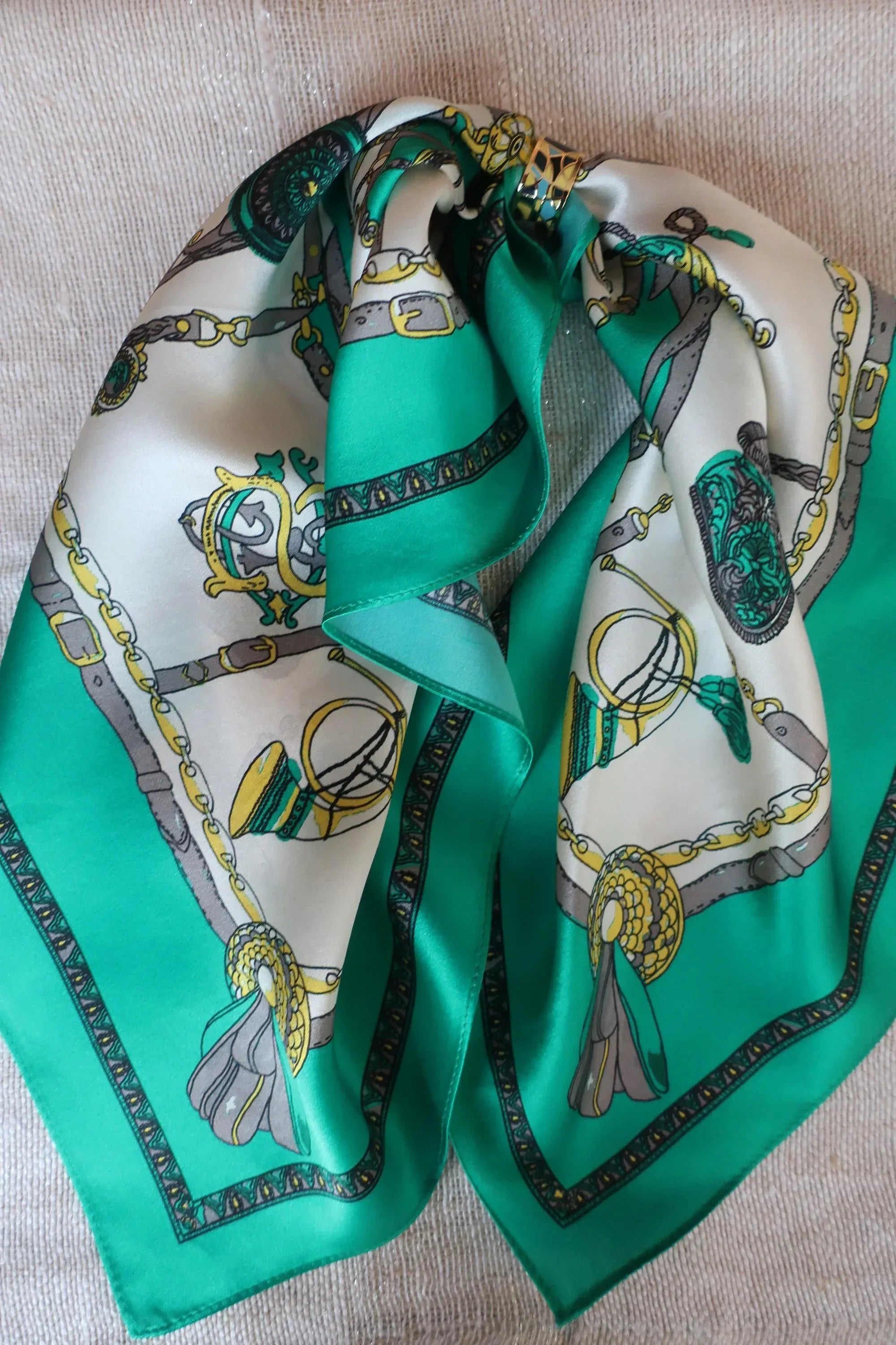 Silk Square Scarf 53×53 cm – Geometric Print in Green | Versatile Bandana - Scarves4you