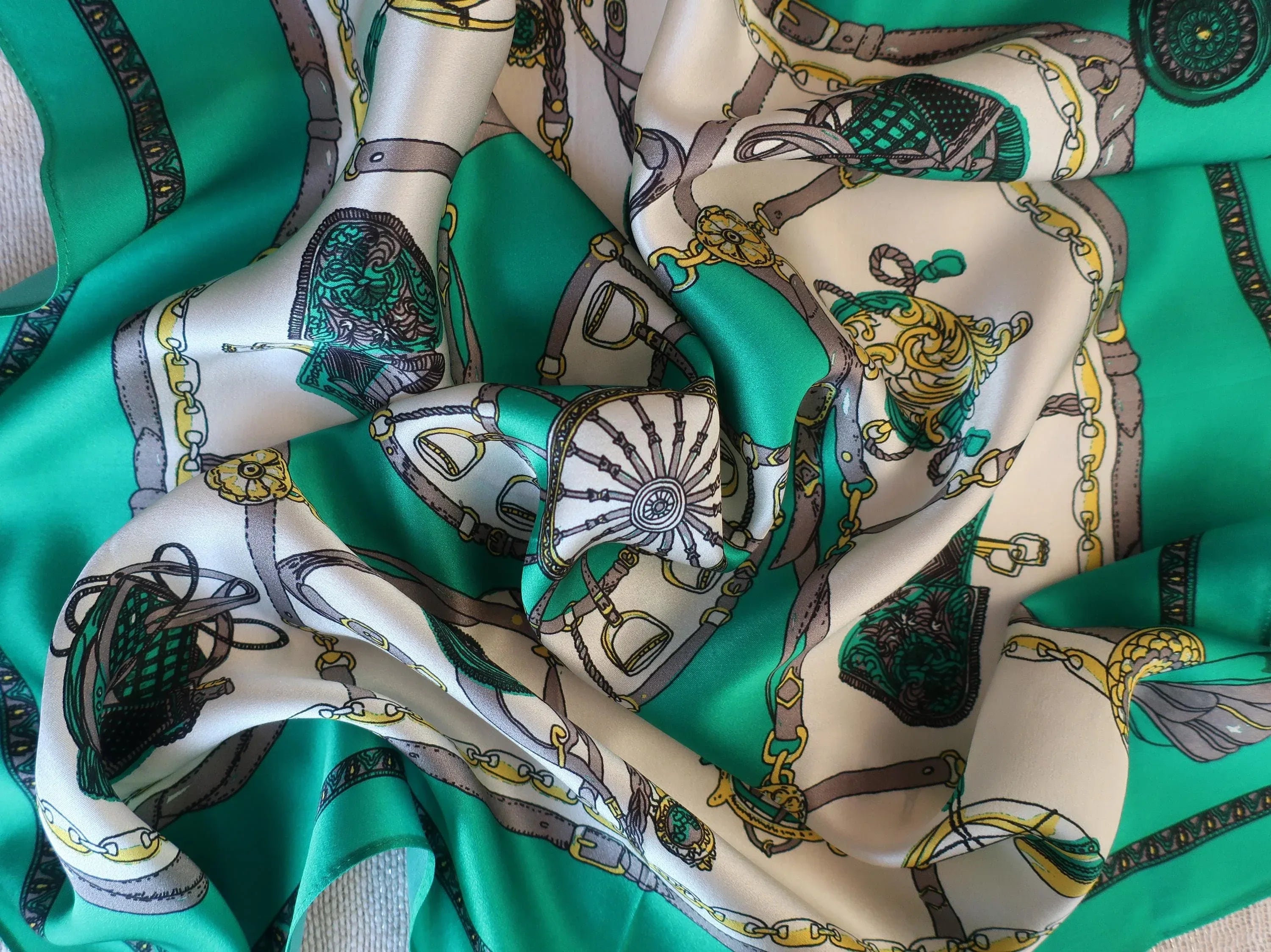 Silk Square Scarf 53×53 cm – Geometric Print in Green | Versatile Bandana - Scarves4you