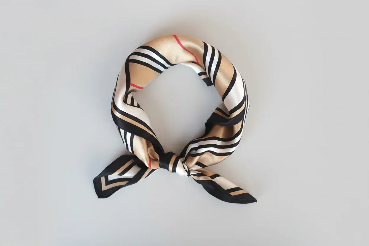 Natural Mulberry Silk Square Scarf - Beige Black Red Stripe Pattern 53x53cm - Scarves4you