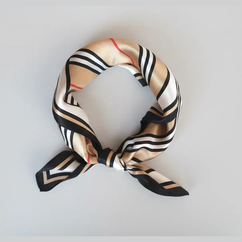 Natural Mulberry Silk Square Scarf - Beige Black Red Stripe Pattern 53x53cm - Scarves4you