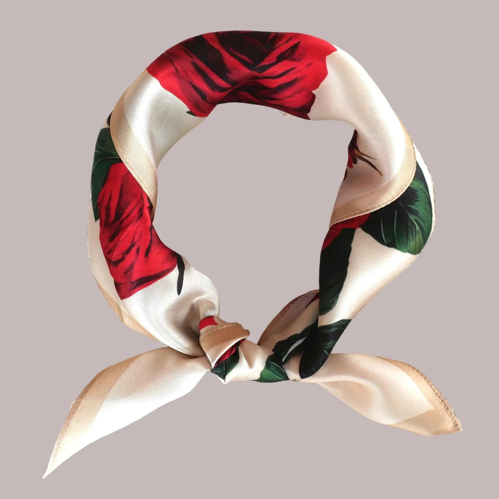 Silk Square Scarf 53×53 cm – Red Rose Print | Cream & Black Floral Design - Scarves4you