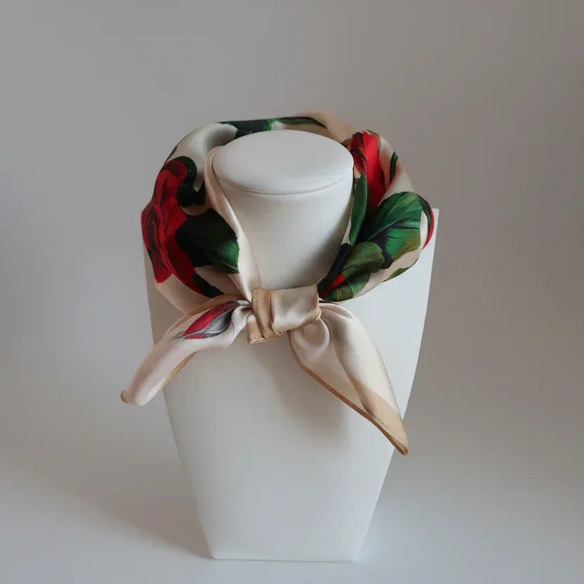 Silk Square Scarf 53×53 cm – Red Rose Print | Cream & Black Floral Design - Scarves4you