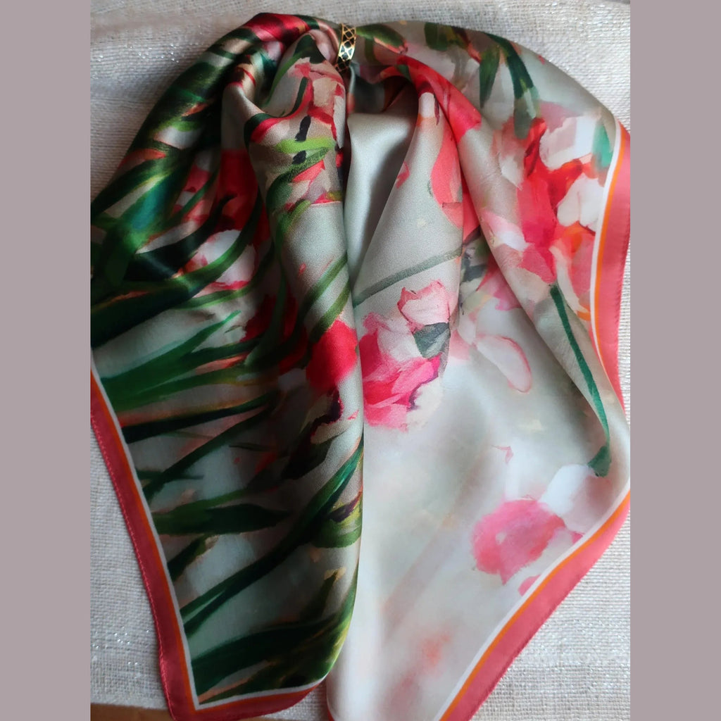 Silk Square Scarf 53×53 cm – Hand-Painted Red Flowers | Watercolor Floral Art - Scarves4you