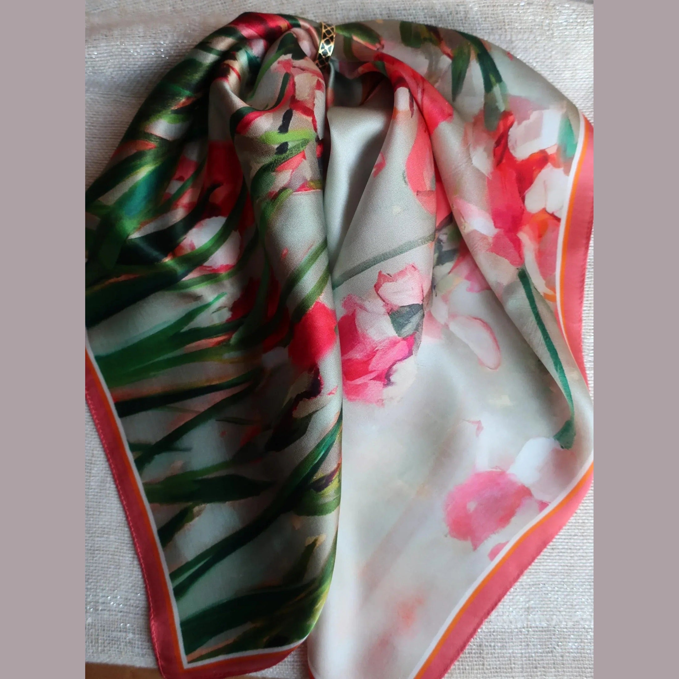 Silk Square Scarf 53×53 cm – Hand-Painted Red Flowers | Watercolor Floral Art - Scarves4you