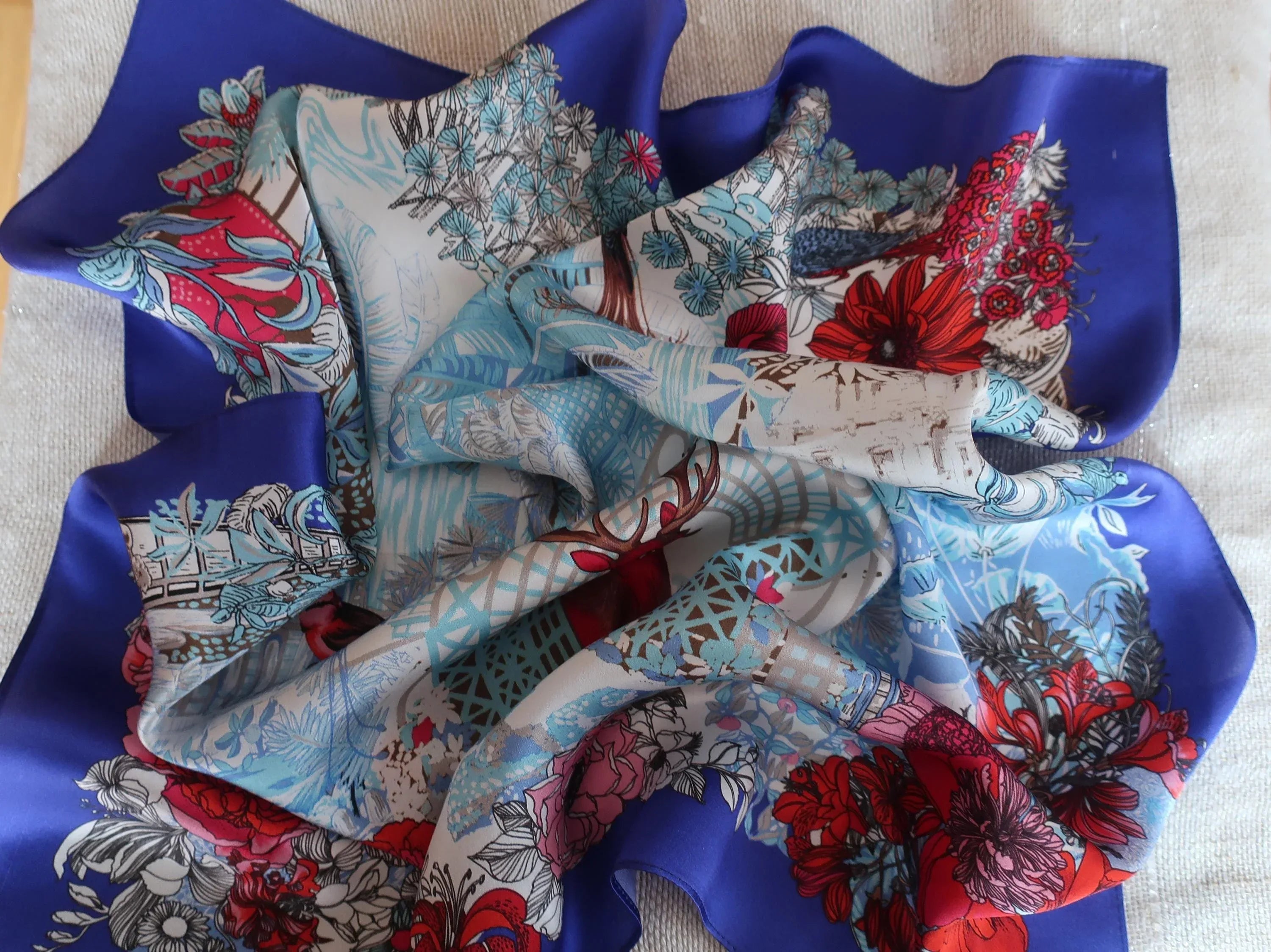 Silk Square Scarf – Floral Deer Print in Blue & Red | 53×53 cm - Scarves4you
