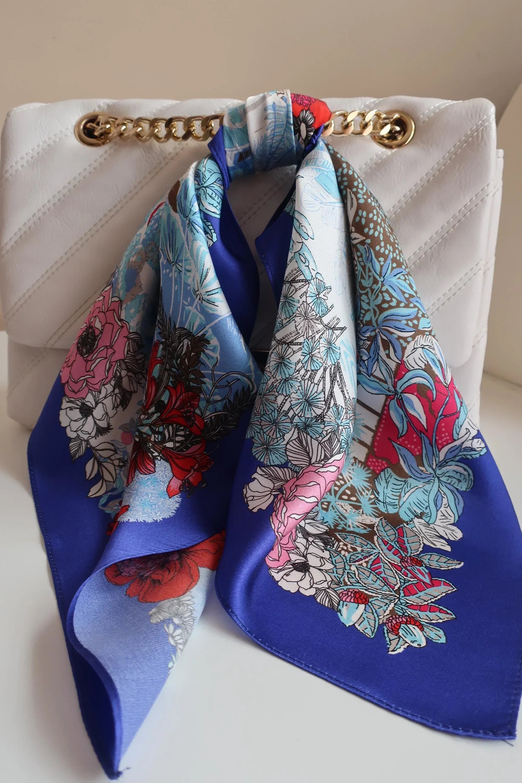 Silk Square Scarf – Floral Deer Print in Blue & Red | 53×53 cm - Scarves4you