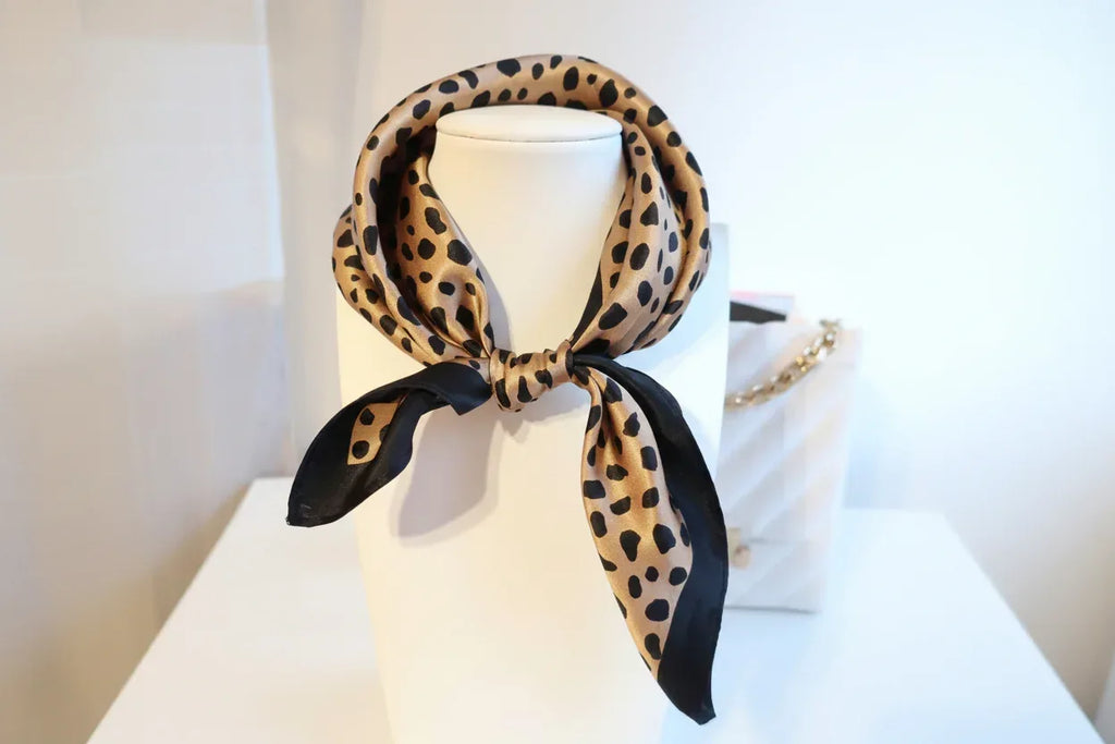 Silk Square Scarf 53×53 cm – Leopard Print with Black Border | Animal Print Bandana - Scarves4you