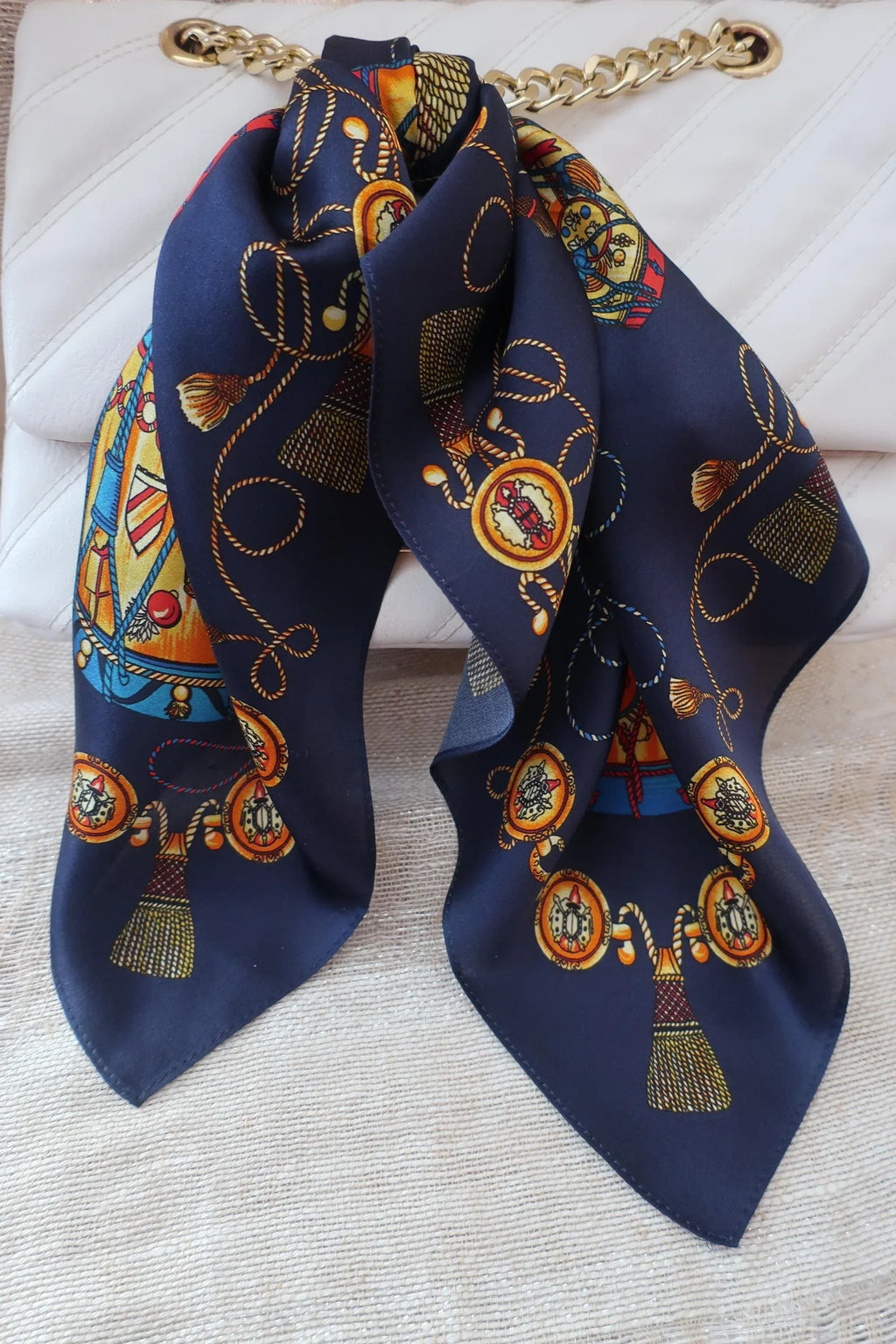 Natural Mulberry Silk Square Scarf - Dark Blue Gold Pattern 53x53cm - Scarves4you