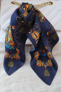 Natural Mulberry Silk Square Scarf - Dark Blue Gold Pattern 53x53cm - Scarves4you