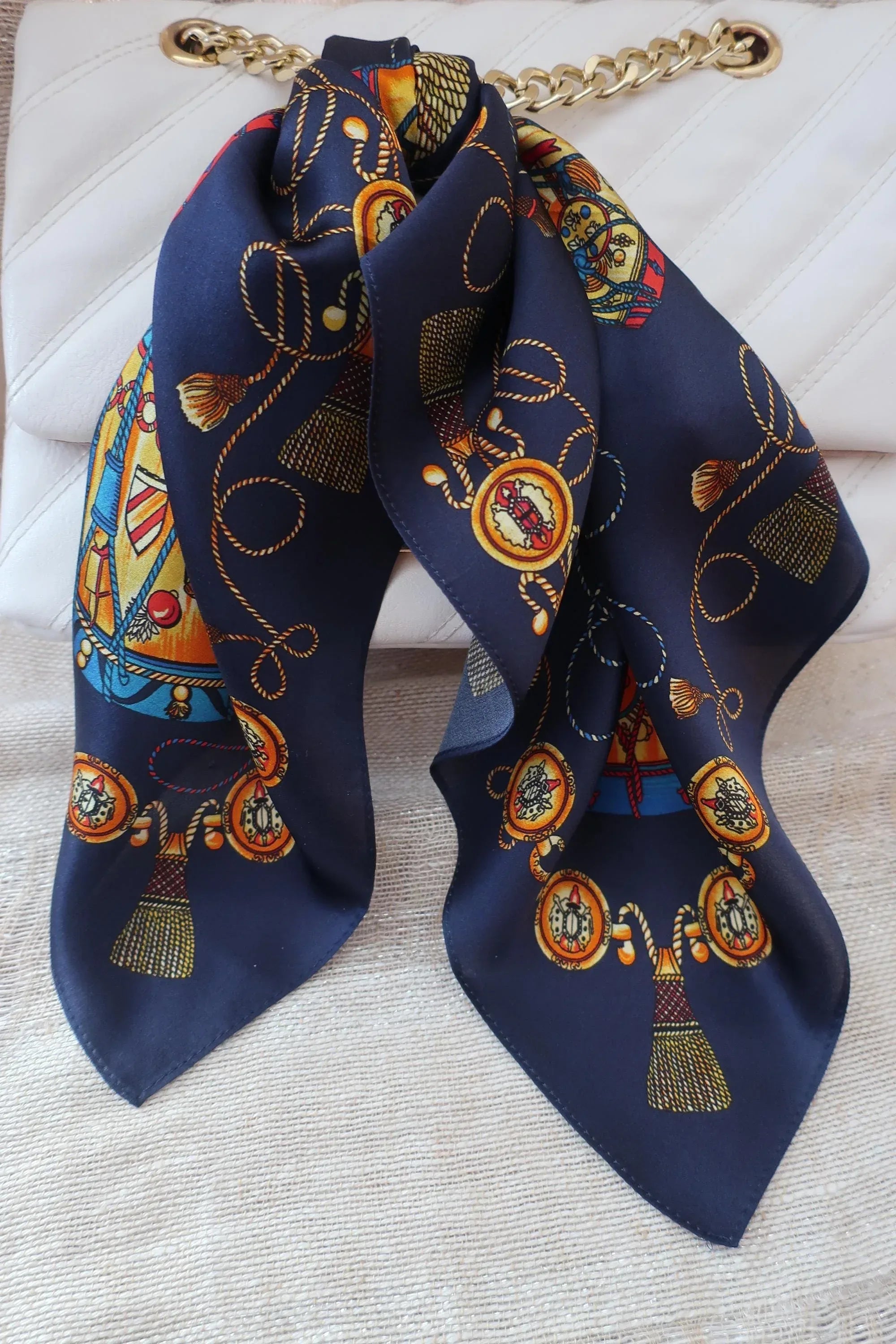 Natural Mulberry Silk Square Scarf - Dark Blue Gold Pattern 53x53cm - Scarves4you