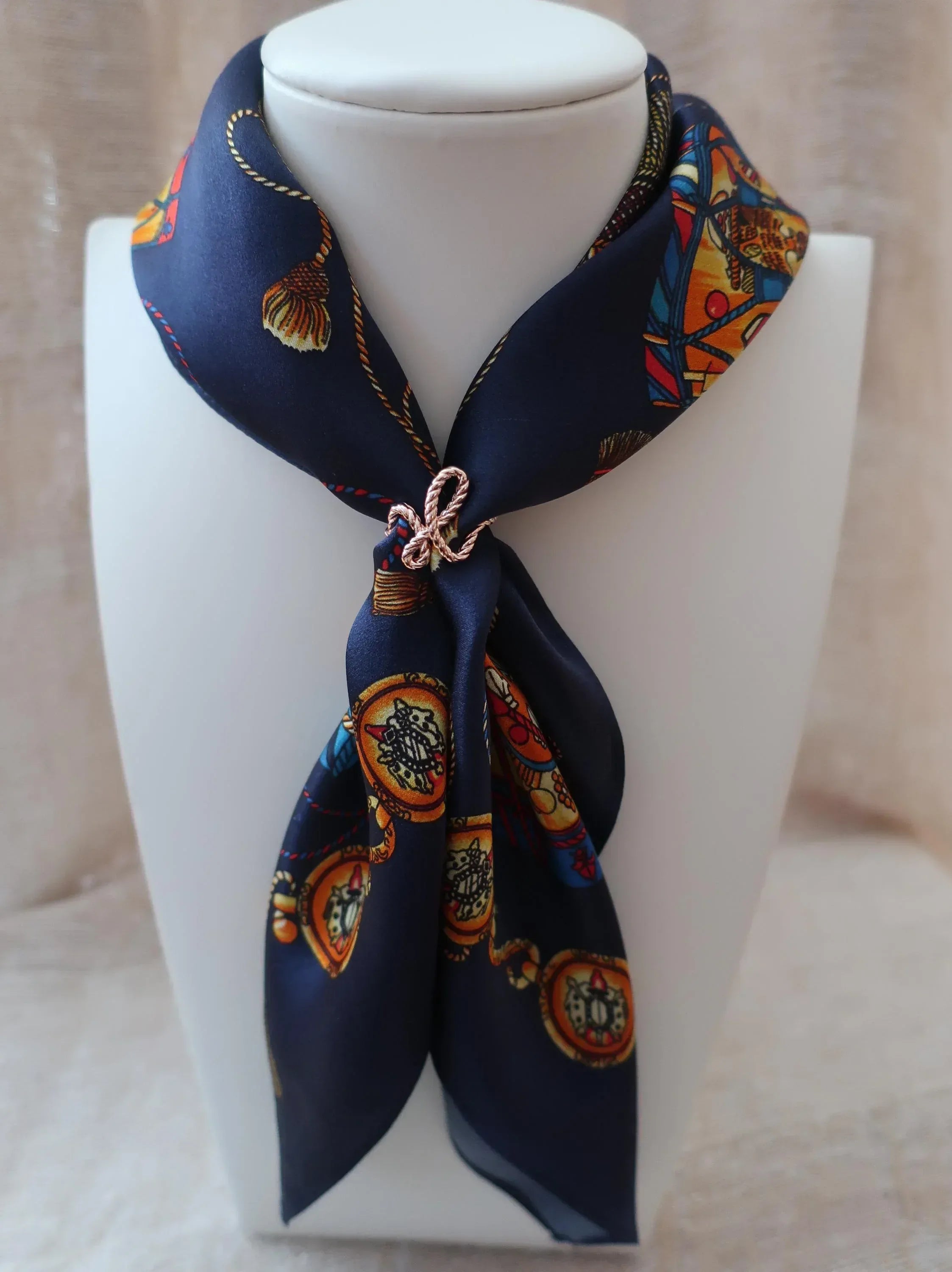 Natural Mulberry Silk Square Scarf - Dark Blue Gold Pattern 53x53cm - Scarves4you