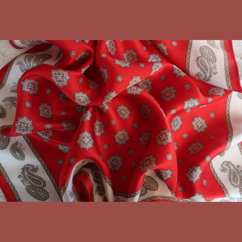 Silk Square Scarf 53×53 cm – Red Mandala & Paisley Print | Bohemian - Scarves4you
