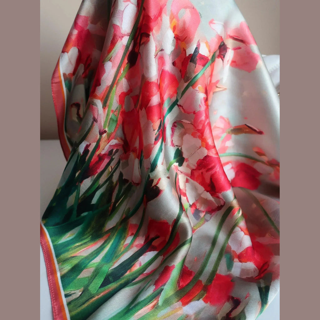 Silk Square Scarf 53×53 cm – Hand-Painted Red Flowers | Watercolor Floral Art - Scarves4you