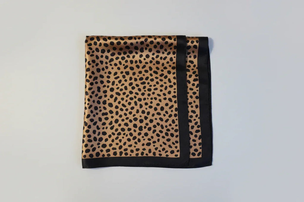 Silk Square Scarf 53×53 cm – Leopard Print with Black Border | Animal Print Bandana - Scarves4you