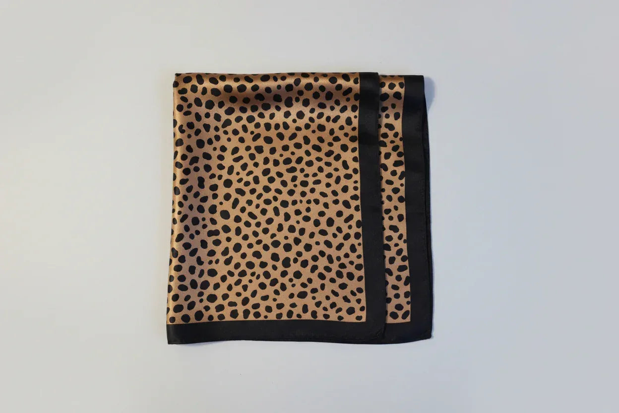 Silk Square Scarf 53×53 cm – Leopard Print with Black Border | Animal Print Bandana - Scarves4you