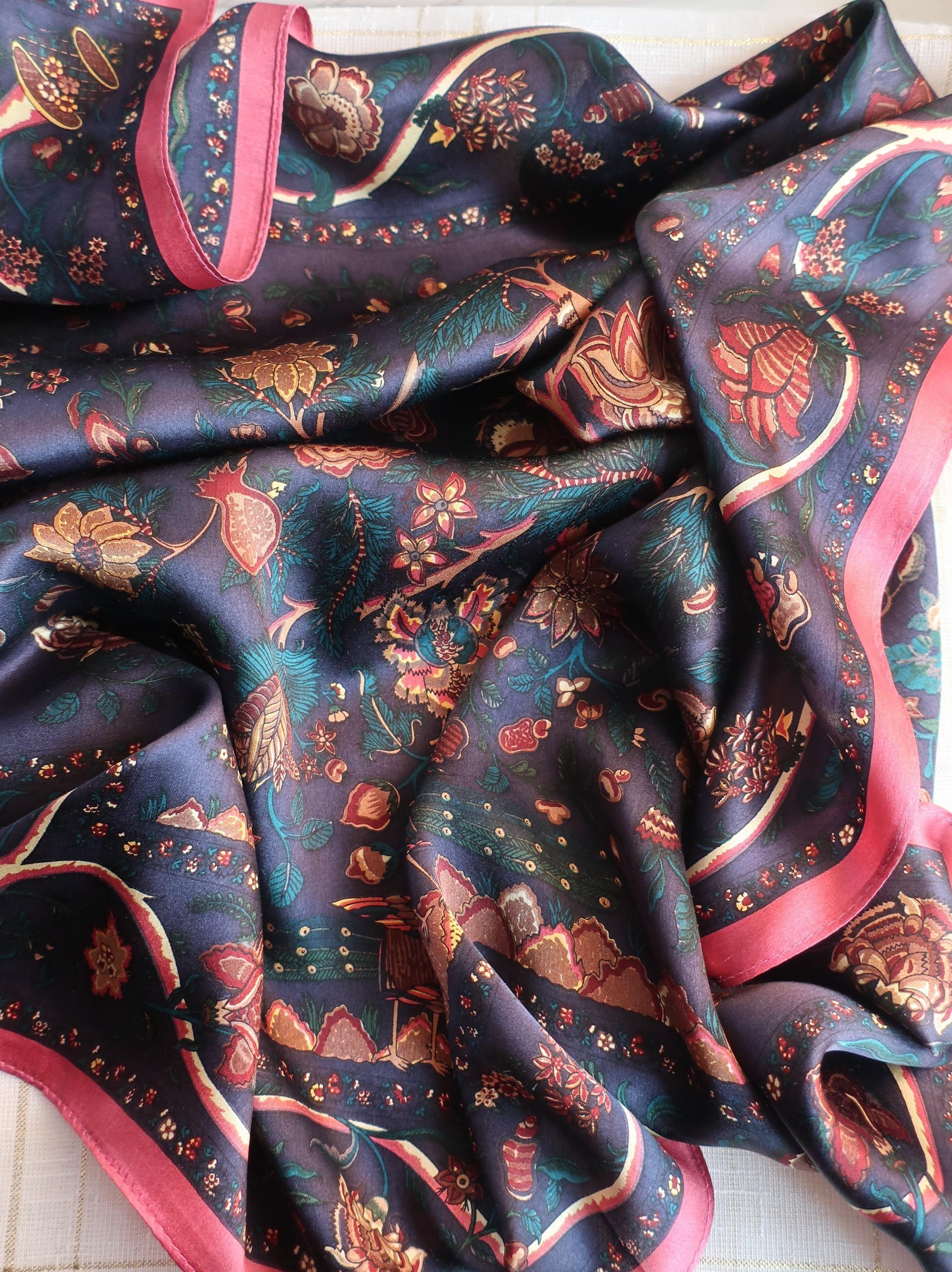 Navy Botanical Bird Silk Scarf - 68cm - Scarves4you