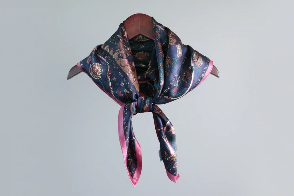 Navy Botanical Bird Silk Scarf - 68cm - Scarves4you