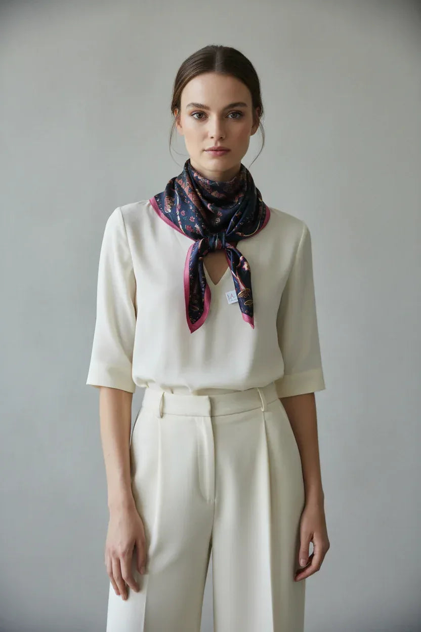 Navy Botanical Bird Silk Scarf - 68cm - Scarves4you