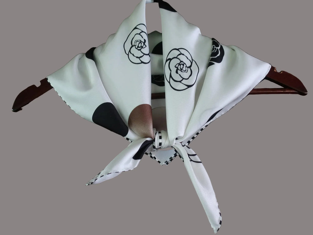 White Camellia Dot Silk Scarf - 53x53cm - Scarves4you